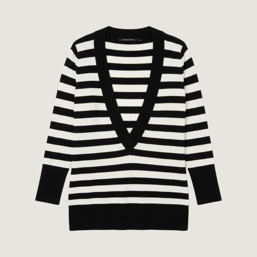 NWT Michelle Nicole Deep V Neck Sweater‎ Women's Black White Striped Long Sleeve